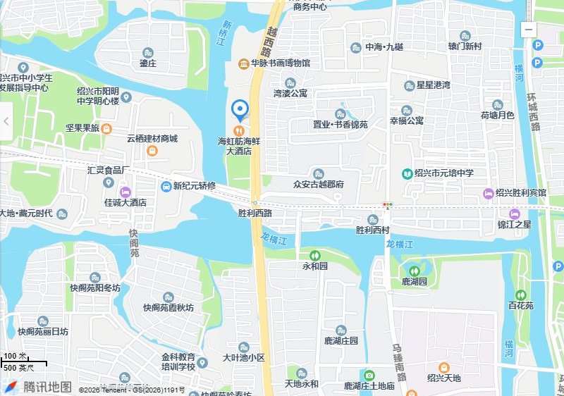 海虹舫越西路店周边地图：酒店位于越西路，靠近胜利西路；蓝色定位标记为酒店位置。